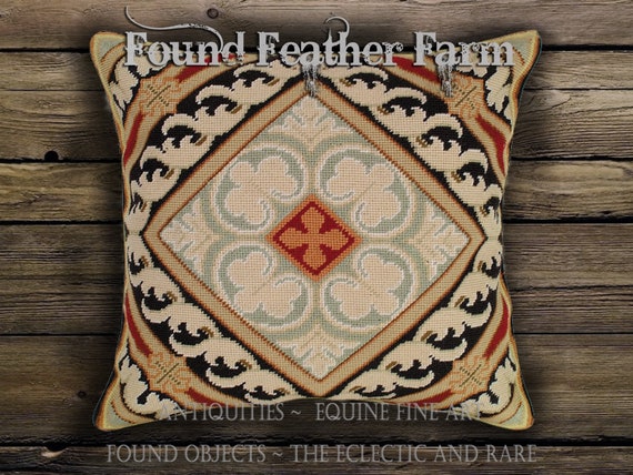 Handmade 18" x 18" Needlpoint Pillow with a Classical Acanthus Leaf Damask Pattern and Goose Down Fill