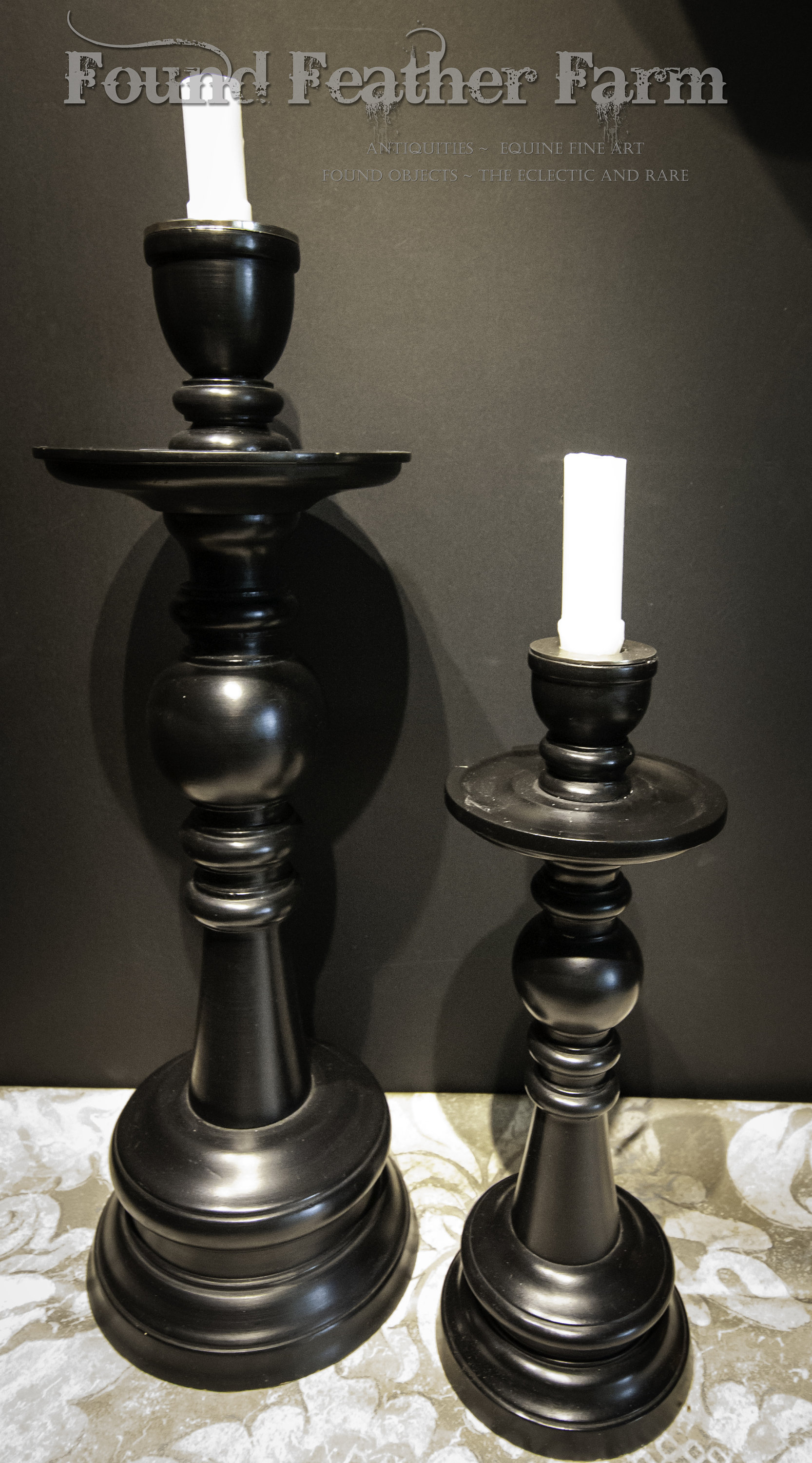 Pair of Vintage Wooden Black Candle Holders with Brushed Steel