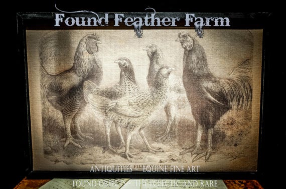 Wood Framed Primitive Chicken Print Giclee on Linen Canvas