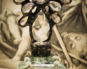 Handmade Glass Cross Bottle with Antique Chandelier Crystals, Century Old Ink Bottle Base