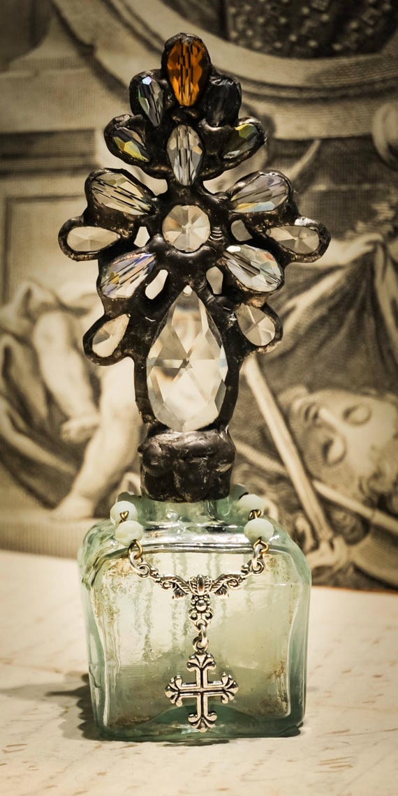 Handmade Glass Cross Bottle with Antique Chandelier Crystals, Century Old Ink Bottle Base