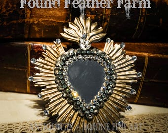 Jeweled Antique Pewter Mirrored Sacred Ex Voto Heart