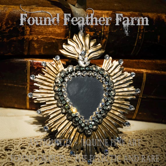 Jeweled Antique Pewter Mirrored Sacred Ex Voto Heart
