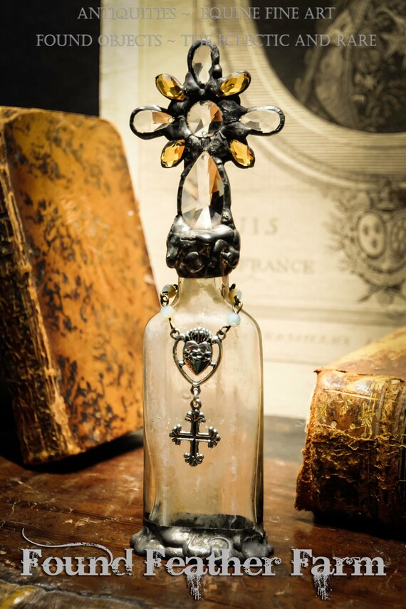 Heirloom Whispers Collection Handmade Glass Cross Bottle With an Antique Glass Bottle Base and Vintage European Crystals