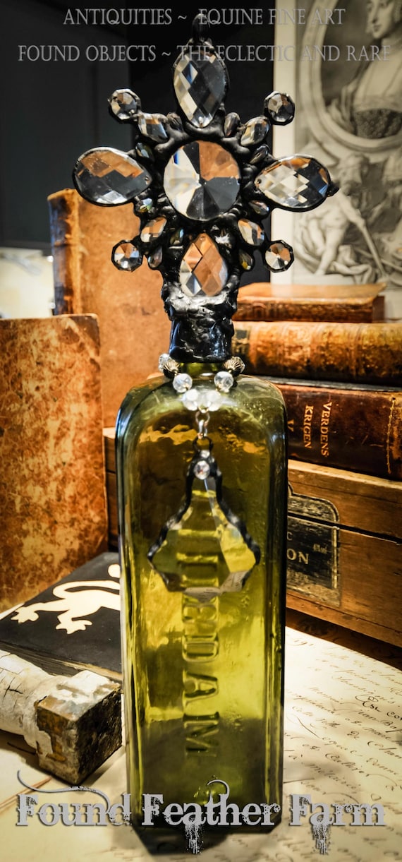 Elements of Grace Collection ~ Handmade Antique Glass Cross Bottle with a Rare 1859 Dark Green Antique Case Gin Bottle