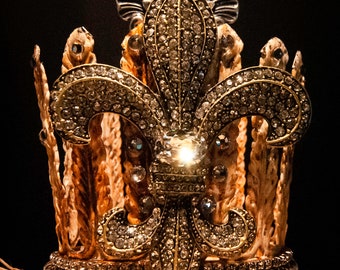 Handmade Rusted Acanthus Leaf Crown with a Large Silver Shell Flourish and a Spectacular Jeweled Fleur De Lis Detail