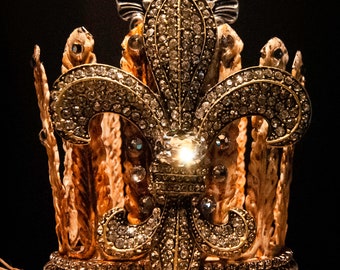 Handmade Rusted Acanthus Leaf Crown with Jeweled Fleur De Lis Detail