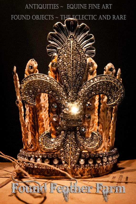 Handmade Rusted Acanthus Leaf Crown with a Large Silver Shell Flourish and a Spectacular Jeweled Fleur De Lis Detail