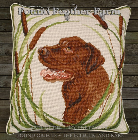 Handmade Wool 18" x 18" Needlepoint Pillow of a Labrador Retriever with Down Fill