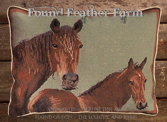 Handmade Wool 20" x 16" Needlepoint Pillow of a Mare and Foal Thoroughbred Horses with Down Fill