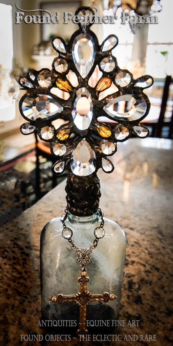Elements of Grace Collection ~ Handmade Antique Glass Cross Bottle with a Rare 1800's Pale Green Smokey Antique Whiskey Bottle