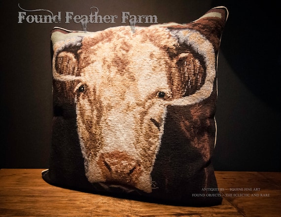 Handmade Wool 20" x 20" Needlepoint Pillow of Bucky the Bull with Down Fill