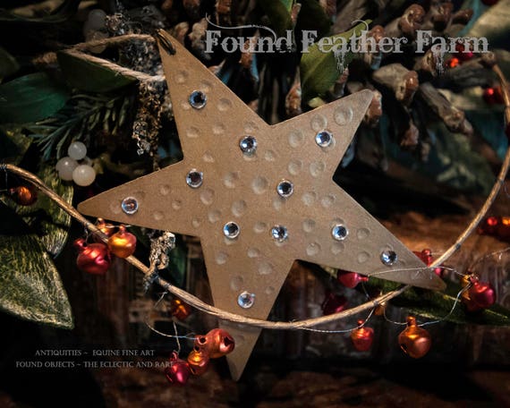 Handmade Gold Tin Star Ornaments Layered with Clear Rhinestone Jewels