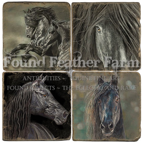 Set of Four Fine Italian Tumbled Marble Coasters with Original Equine Art Images