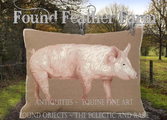 Handmade Wool 20" x 16" Needlepoint Pillow of an English Yorkshire Pig with Down Fill