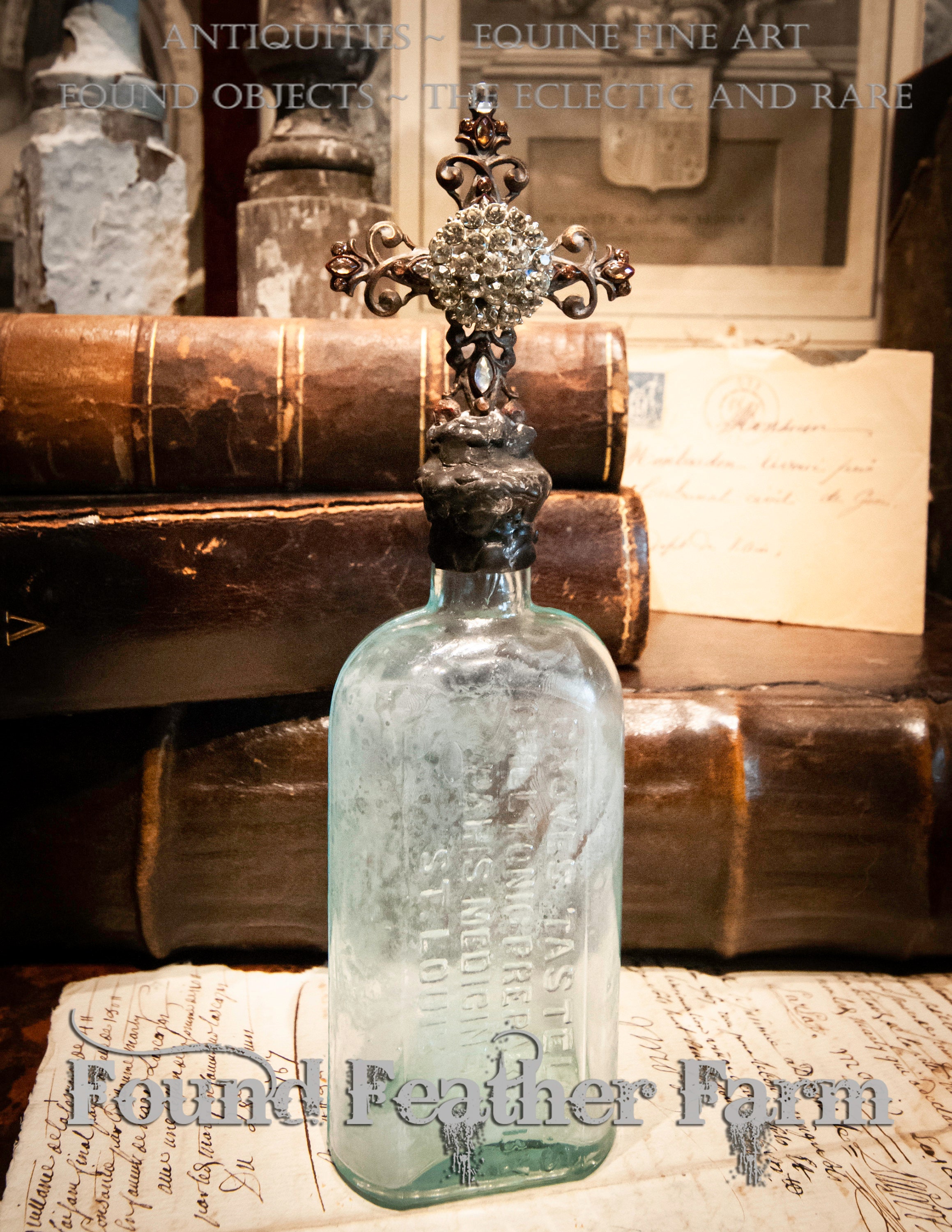 Handmade Glass Cross Bottle with a Circa 1878 Antique Milky Green Glass ...