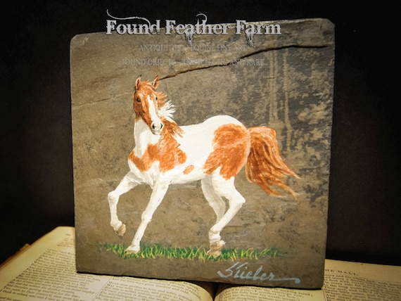 Handpainted Painted Horse on a Slate Trivet Signed by the Artist