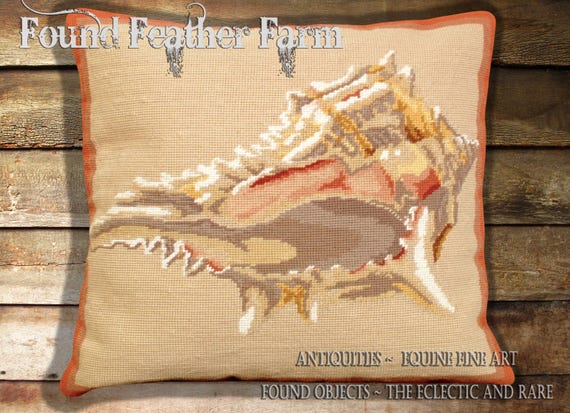 Handmade Needlepoint Pillow Featuring a Beautiful Murex Seashell with a Down Insert
