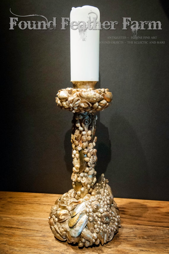 Incredible Handmade Vintage Grotto Candlestick Encrusted with Gilded Seashells and Complete with a White Pillar Candlestick