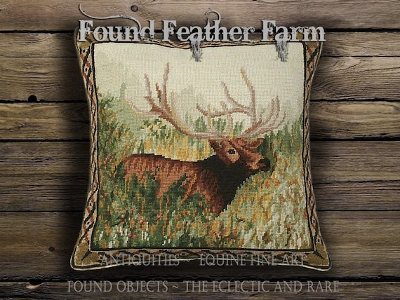 Handmade 18" x18" Needlepoint Pillow of an Elk in the Woods with a Goose Down Insert