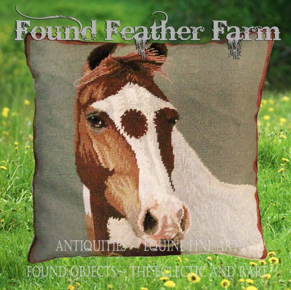 Handmade 20" x 20" Wool Needlepoint Pillow of a Paint Horse with Down Fill