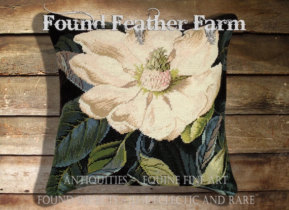 Handmade Needlepoint Magnolia Pillow with Down Insert