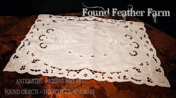 Set of Twelve Handmade French Open Cutwork White Lace Placemats