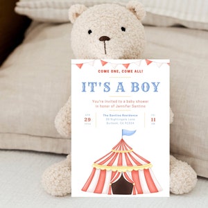 Circus Baby Shower Invitation- Circus Tent Baby Shower Invite - Custom baby shower invite edited gender, number of babies, details