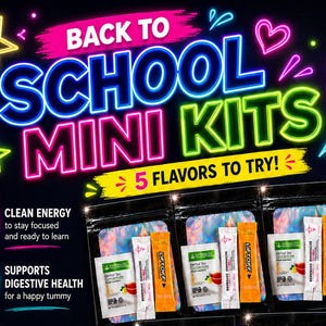 May include: A Krunch Busy Mom Energy Kit advertisement featuring five individual snack pouches, each containing a tea packet and a drink stick. The graphic includes neon text reading Back to School Mini Kits, 5 Flavors to Try, and Smart Choices. Stronger Futures, alongside a green apple and school supplies.