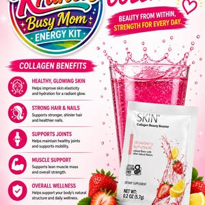 May include: A Krunch Busy Mom Energy Kit advertisement featuring a glass of pink liquid and a white packet labeled Skin Collagen Beauty Booster strawberry lemonade, net weight 0.2 oz (5.7g), with text detailing collagen benefits and wellness.