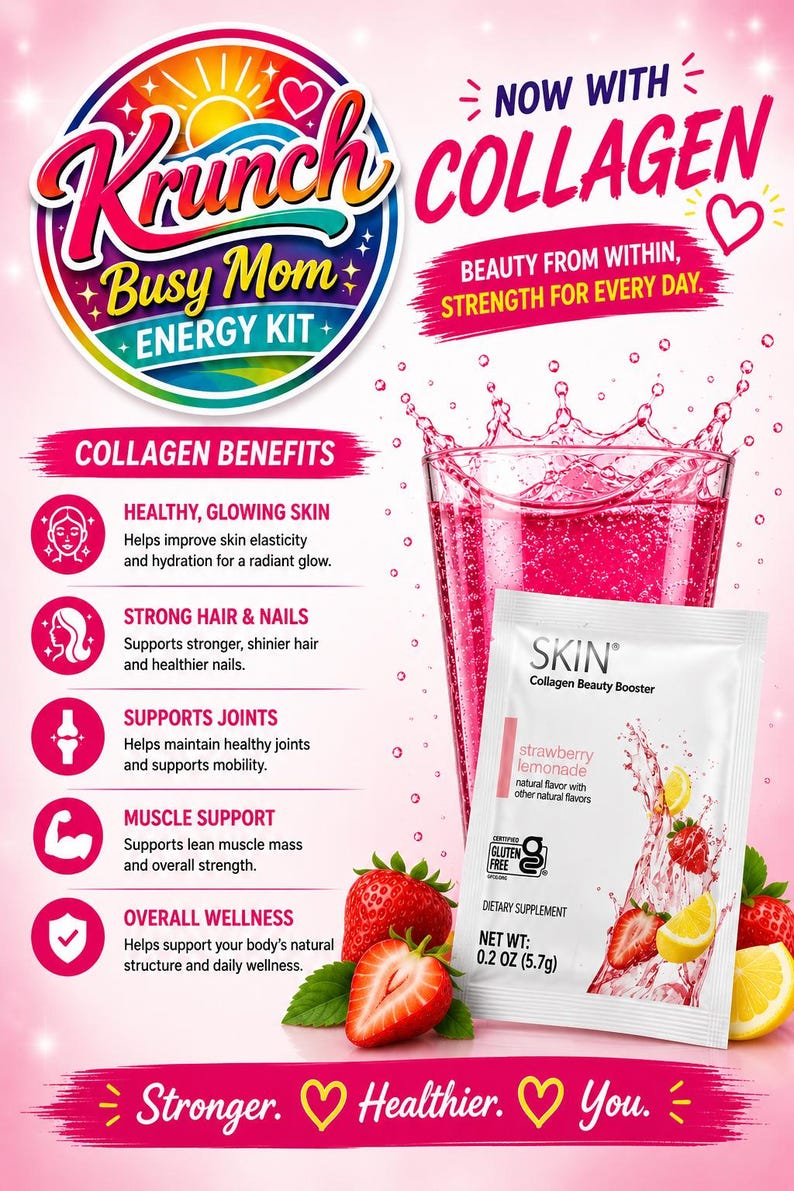 May include: A Krunch Busy Mom Energy Kit advertisement featuring a glass of pink liquid and a white packet labeled Skin Collagen Beauty Booster strawberry lemonade, net weight 0.2 oz (5.7g), with text detailing collagen benefits and wellness.