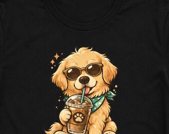 Golden Retriever Puppy with Iced Coffee T-Shirt | Cute Dog Summer Tee