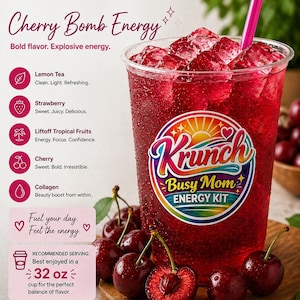 May include: A clear plastic cup filled with a deep red cherry-flavored energy drink, ice cubes, and a pink straw. The cup features a colorful circular logo reading Krunch Busy Mom Energy Kit. Text lists ingredients like lemon tea, strawberry, and collagen.