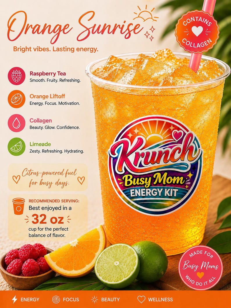 May include: A clear plastic cup filled with an orange beverage and ice, featuring a label that reads Krunch Busy Mom Energy Kit. The image includes text listing ingredients like Raspberry Tea, Orange Liftoff, Collagen, and Limeade, plus a 32 oz serving recommendation.