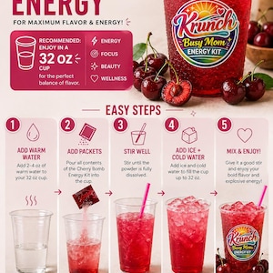 May include: An instructional infographic for Cherry Bomb Energy drink mix. It features a red beverage in a 32 oz cup with ice, cherries, and five numbered steps for preparation. Text includes 'How to Prepare', 'Easy Steps', and 'Krunch Busy Mom Energy Kit'.