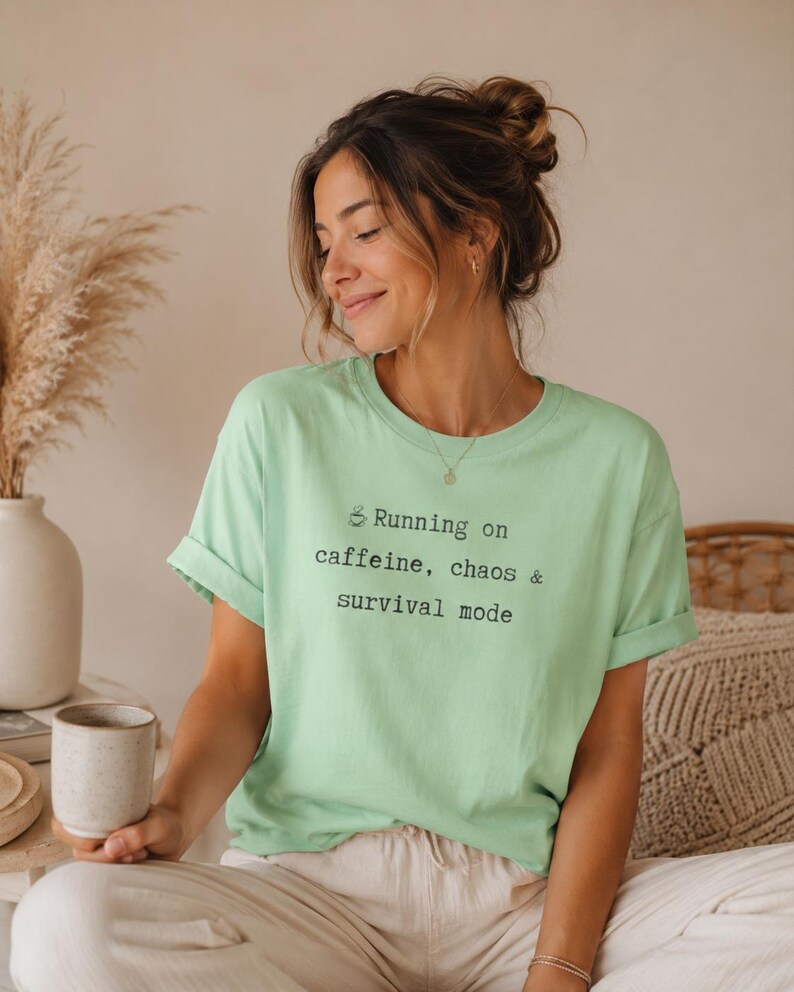 Busy Mon Shirt | Running on caffeine, chaos & survival mode | Funny Mom Tee | Funny Mom Life T-Shirt | Gift for Mom image 2