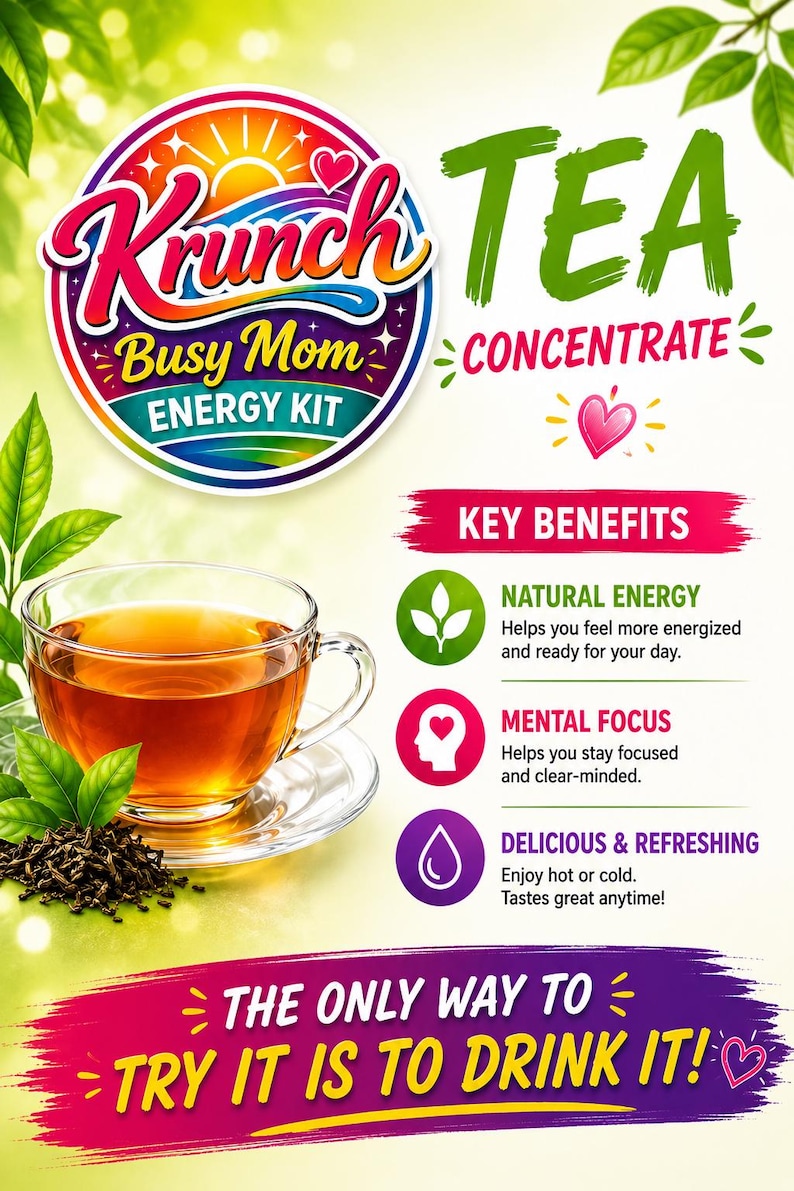 May include: A Krunch TEA Busy Mom ENERGY KIT product advertisement featuring a glass cup of amber tea, loose tea leaves, and green leaves. Text includes KEY BENEFITS, NATURAL ENERGY, MENTAL FOCUS, DELICIOUS & REFRESHING, and THE ONLY WAY TO TRY IT IS TO DRINK IT!