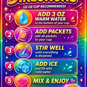 May include: A vibrant, rainbow-colored instructional graphic titled DIRECTIONS (32 OZ CUP RECOMMENDED) featuring five numbered steps: 1. Add 3 oz warm water, 2. Add packets, 3. Stir well, 4. Add ice and cold water, 5. Mix & enjoy. Includes Krunch Busy Mom ENERGY KIT logo.