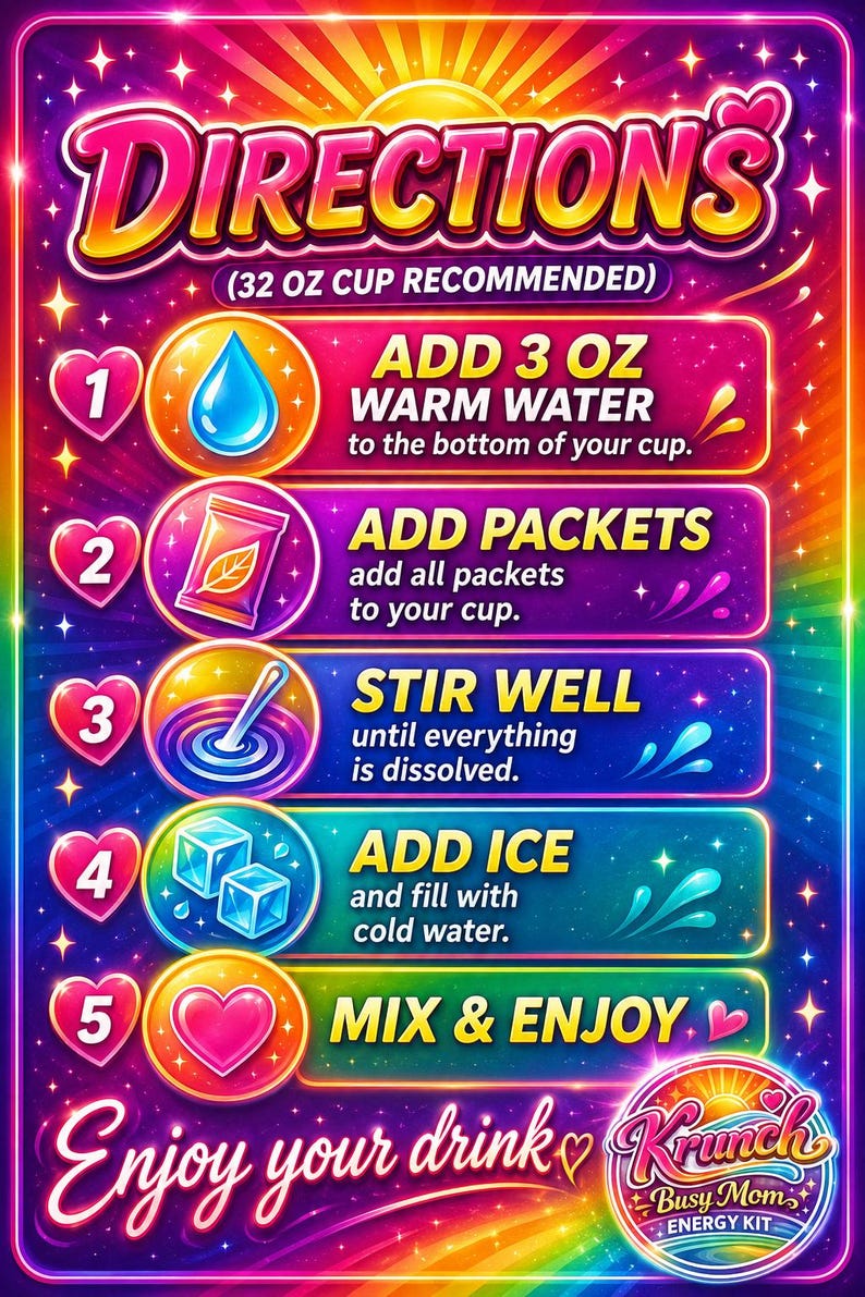 May include: A vibrant, rainbow-colored instructional graphic titled DIRECTIONS (32 OZ CUP RECOMMENDED) featuring five numbered steps: 1. Add 3 oz warm water, 2. Add packets, 3. Stir well, 4. Add ice and cold water, 5. Mix & enjoy. Includes Krunch Busy Mom ENERGY KIT logo.