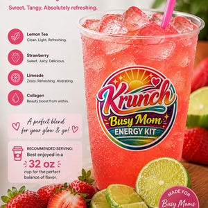 May include: A clear plastic cup filled with a bright pink strawberry lemonade beverage, ice cubes, and a pink straw. The cup features a circular logo reading Krunch Busy Mom ENERGY KIT. Text lists ingredients and a 32 oz recommended serving size.