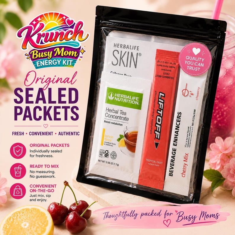 May include: A black sealed pouch containing Herbalife Skin collagen powder, a Herbal Tea Concentrate lemon packet, a Liftoff tropical fruit energy supplement stick, and a cherry beverage enhancer mix, labeled with product names and text.