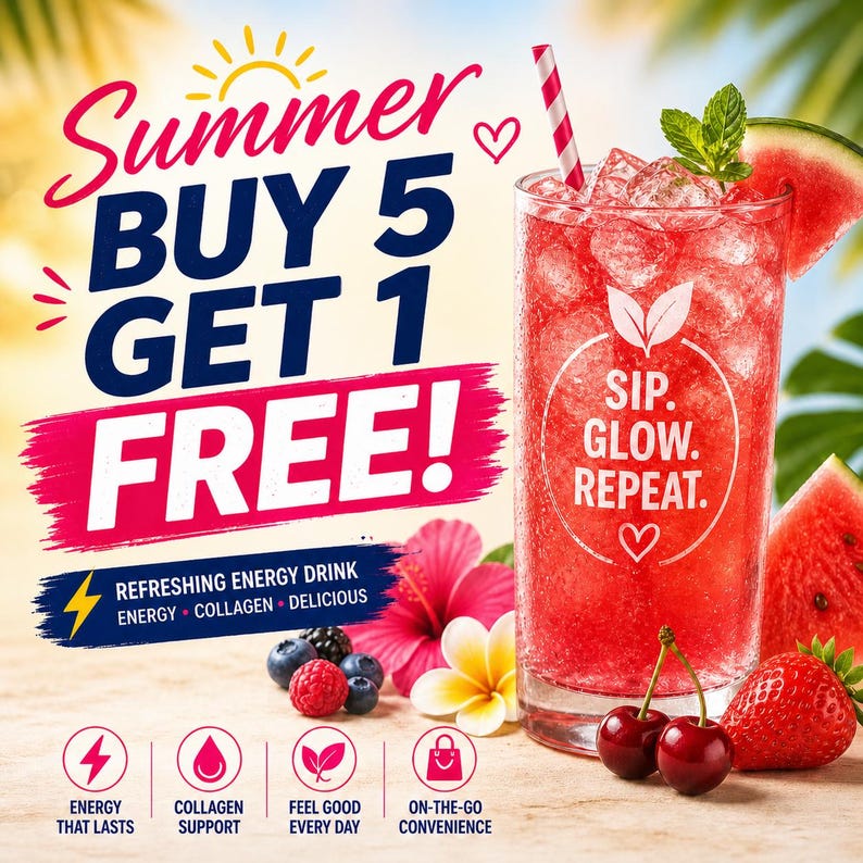 May include: A tall glass of red iced beverage with a striped straw, garnished with mint and watermelon. Text reads: Summer BUY 5 GET 1 FREE! SIP. GLOW. REPEAT. REFRESHING ENERGY DRINK ENERGY COLLAGEN DELICIOUS. Icons for energy, collagen, feel good, and convenience.