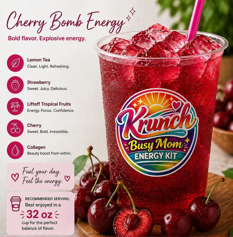 May include: A clear plastic cup filled with a deep red cherry-flavored energy drink, ice cubes, and a bright pink straw. The cup features a colorful circular logo reading Krunch Busy Mom Energy Kit. Text lists ingredients like lemon tea, strawberry, and collagen.