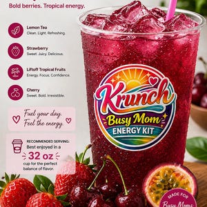 May include: A clear plastic cup filled with a dark red berry beverage, ice cubes, and a pink straw. The cup features a colorful logo reading Krunch Busy Mom Energy Kit. Text lists ingredients like lemon tea, strawberry, and cherry, noting a 32 oz serving.