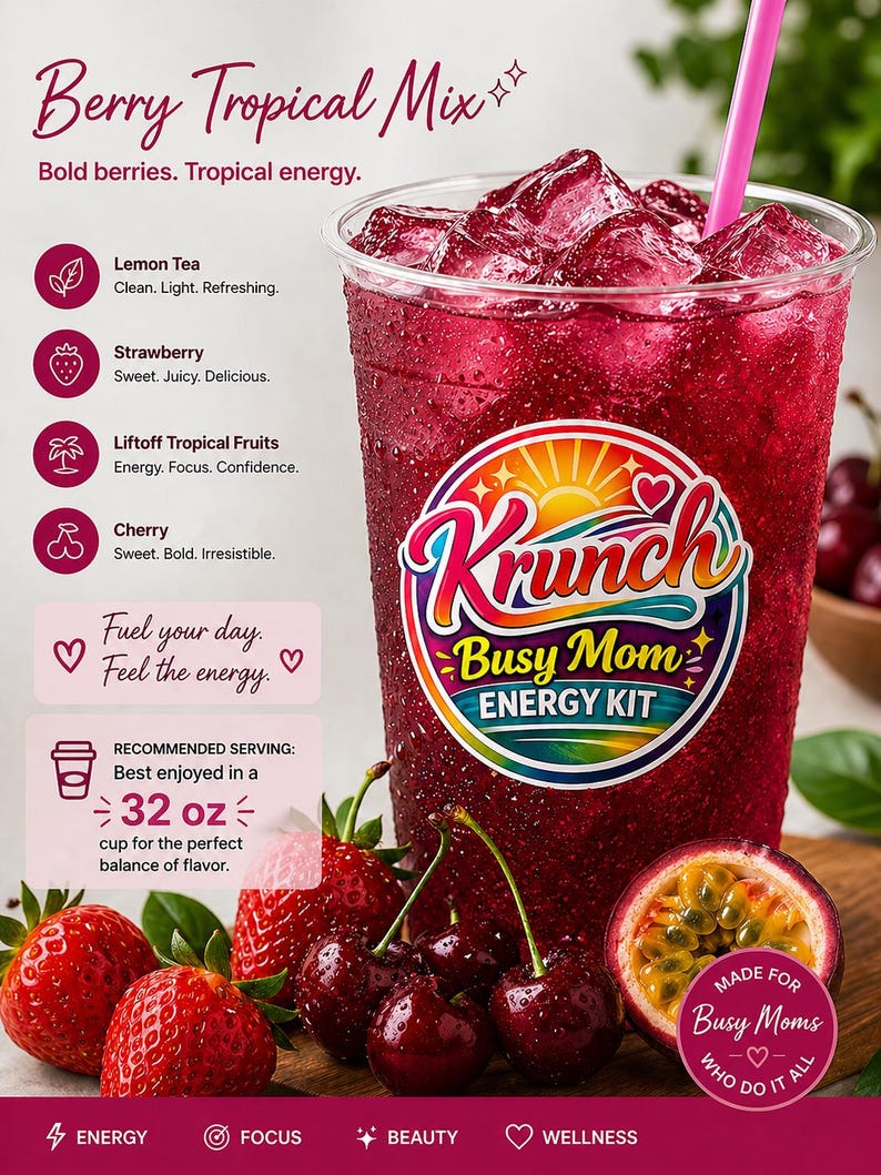 May include: A clear plastic cup filled with a dark red berry beverage, ice cubes, and a pink straw. The cup features a colorful logo reading Krunch Busy Mom Energy Kit. Text lists ingredients like lemon tea, strawberry, and cherry, noting a 32 oz serving.