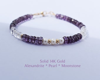 14K Solid Gold Alexandrite & Pearl Bracelet - 14K Gold Gemstone Bracelet - June Birthstone - Alexandrite Solid Gold Bracelet - June Birthday