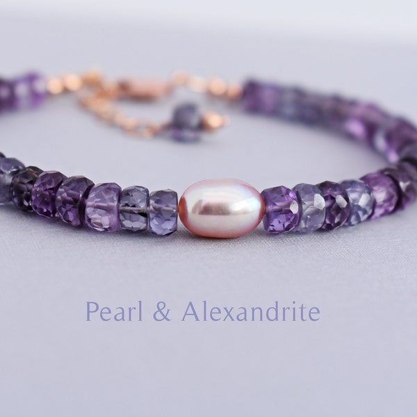 Bracelet en perles naturelles et alexandrite - Bracelet pierres de naissance juin - Bracelet alexandrite en or rose - Bracelet aux couleurs changeantes