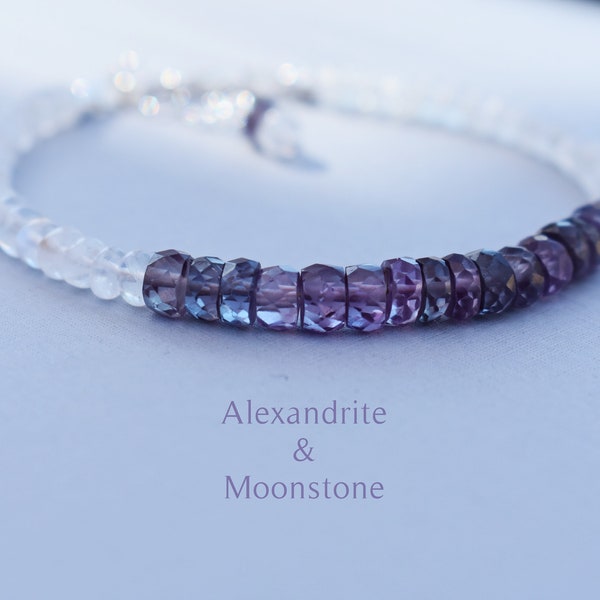 Bracelet pierre de lune et alexandrite - Bracelet alexandrite en argent - Bracelet alexandrite et pierre de lune en argent - Pierre de naissance de juin