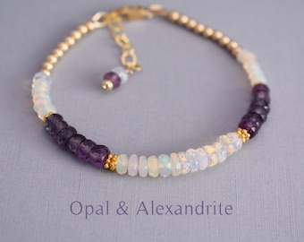 Opal and Alexandrite Bracelet - Gold Opal Bracelet - June Birthstone Bracelet - Colour Changing Bracelet - Gold Alexandrite Bracelet