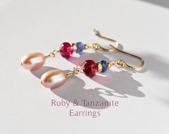Tanzanite Ruby & Pearl Earrings - December Birthstone - Long Drop Earrings - Wedding Earrings - Luxury Accessories - Tanzanite Gift